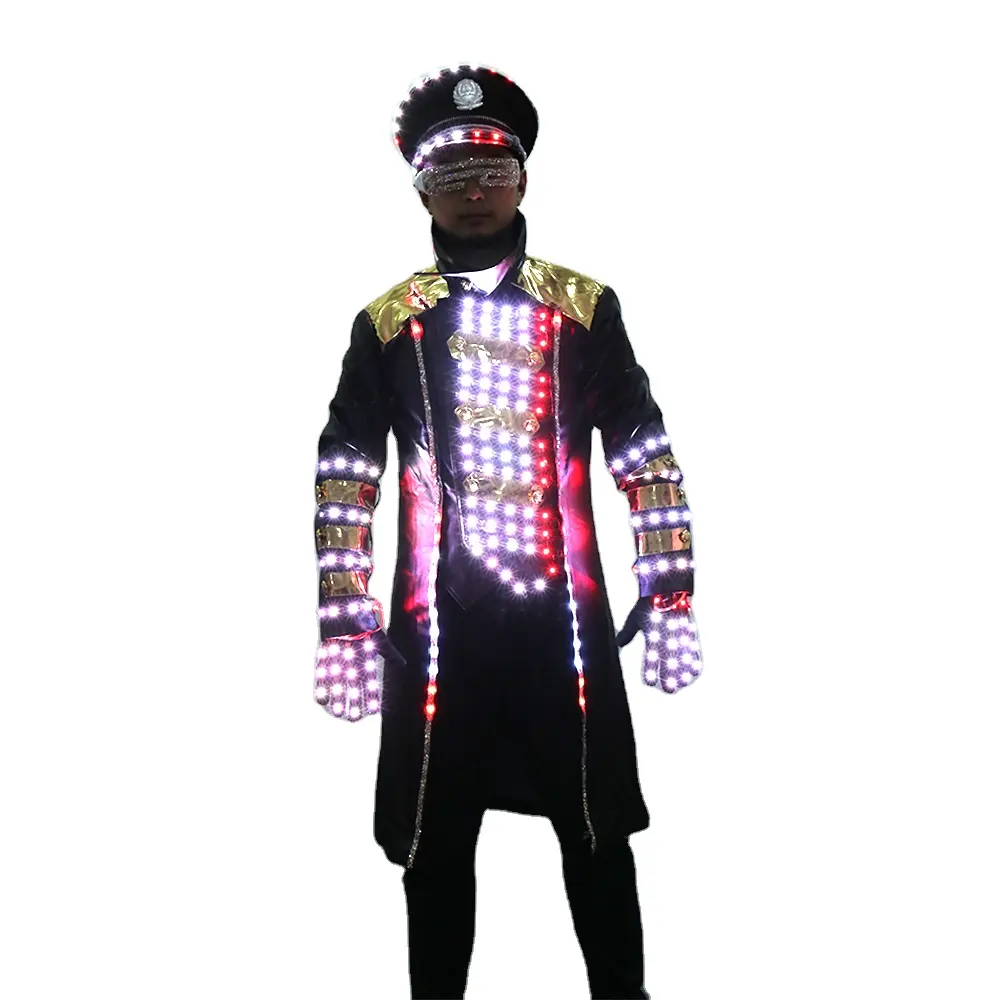 Nuovo LED di Illuminazione del Flash Vestito Guanti Cappello Set Multi Colore Captain Costume Per La Fase di Ballo di Sala Da Ballo Night Club Spettacolo Luminoso vestiti