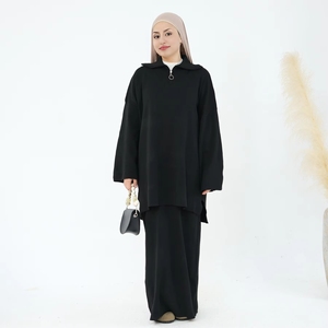 批发伊斯兰服装时尚穆斯林妇女Abaya针织毛衣上衣裙两件套穆斯林妇女