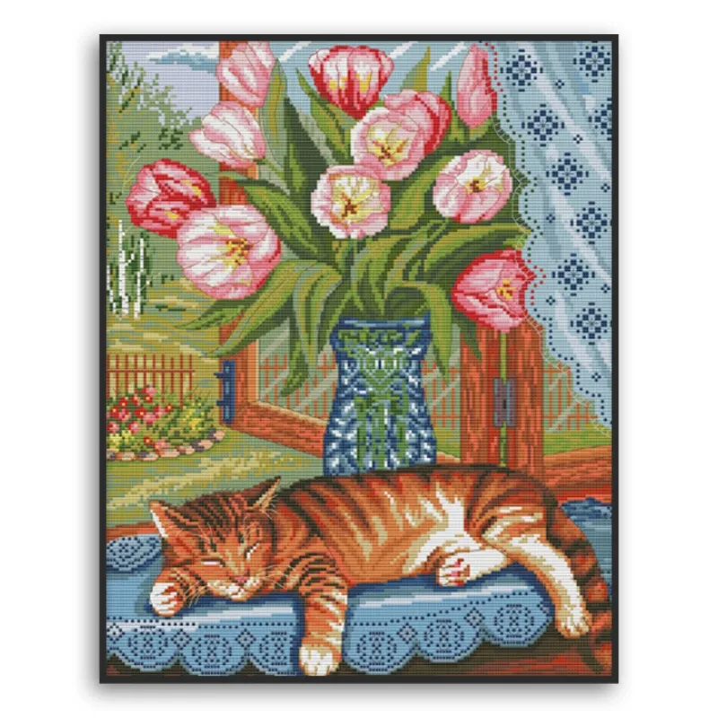 Gato dormindo ponto cruz criativo novo bordado padrão pano algodão dmc thread cross stitch kit