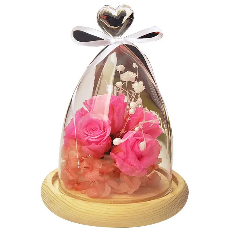थोक प्लास्टिक कृत्रिम फूल गुलाब दिल कांच क्लौष ऊपर प्रकाश का नेतृत्व किया गुंबद के लिए सजावट