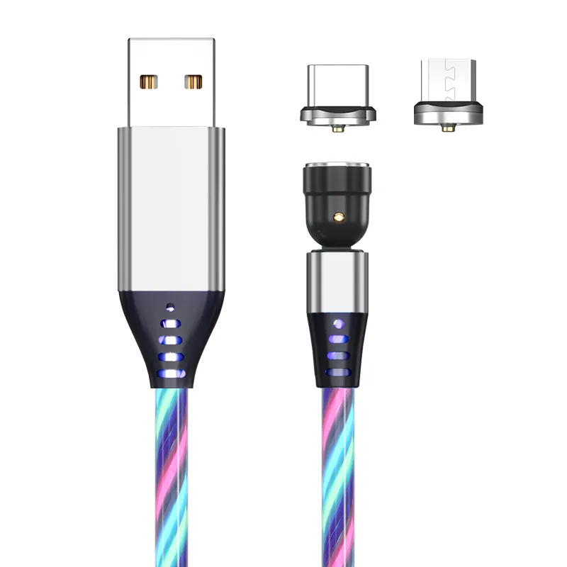 Cable USB de carga magnética luminosa 540 grados LED que fluye 2.4A cargador de teléfono móvil 3 en 1 cable micro USB C 1 M 2M logotipo gratis