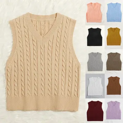LR Factory Custom Spring Knit Cable Vest Pullover V-Neck Sleeveless Acrylic Sweater