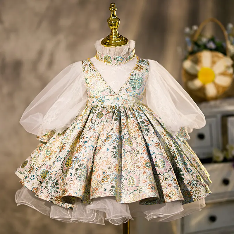 Robe longue bouffante pour petite fille, magnifique tenue espagnole lolita, à manches longues et bouffantes, style court, pour anniversaire 1 an, magasin de détail