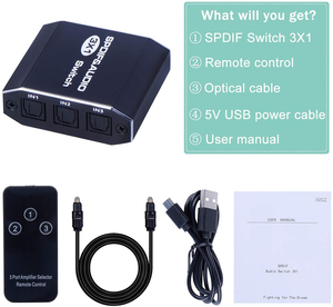 Digital SPDIF Toslink Optical Fiber <strong>Audio</strong> <strong>Switch</strong> 3 in <strong>1</strong> Out with Optical Cable Support Digital &amp; DTS 5.<strong>1</strong>, PCM Stereo LPCM - Product Image 5