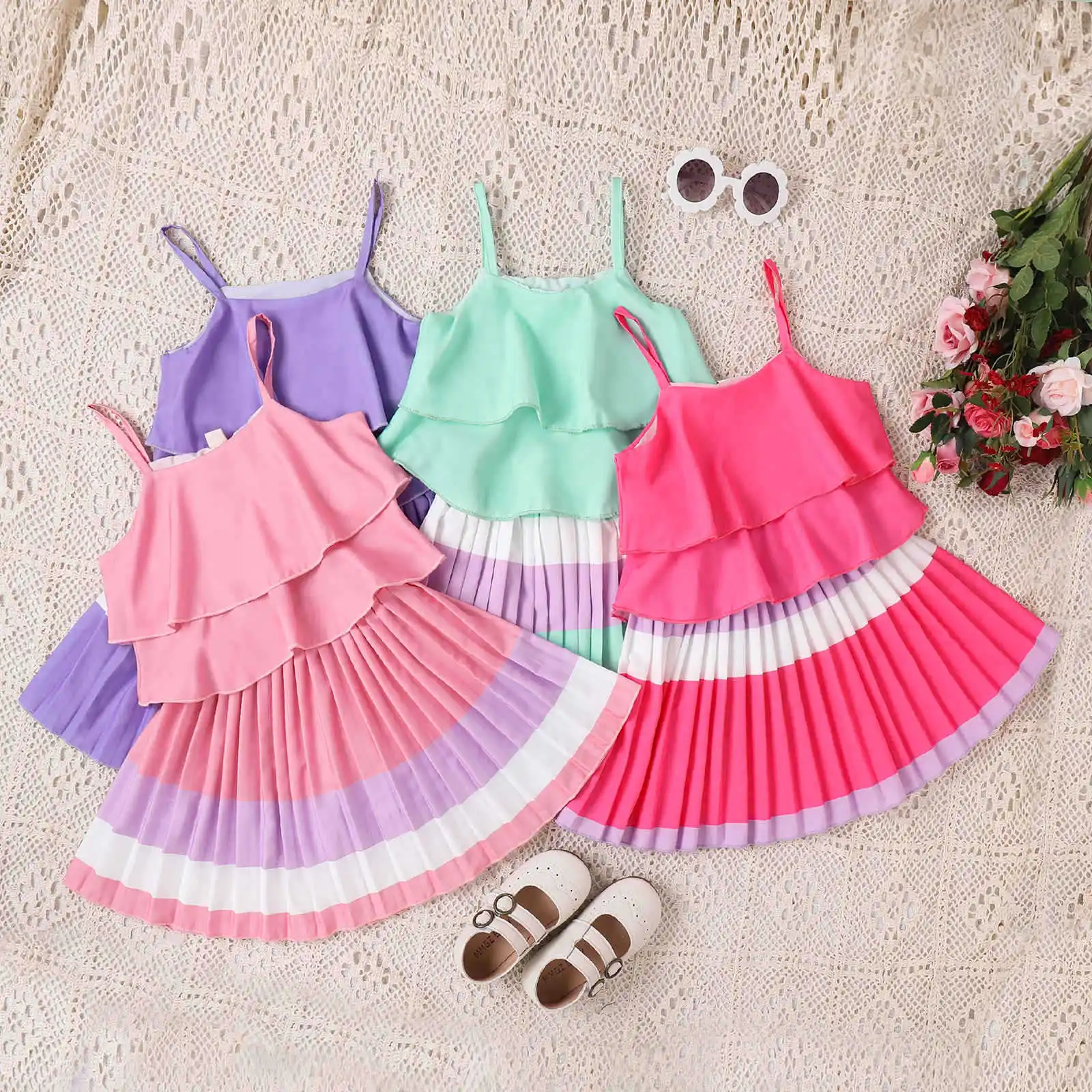 Conjunto de ropa de verano para niños, Falda plisada de pastel de colores con tirantes, Color caramelo, novedad, venta al por mayor