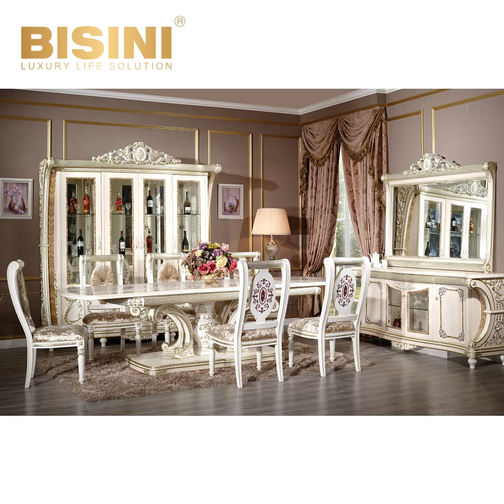 Conjunto de muebles de comedor de estilo francés elegante, mesa de comedor antigua, Buffet y armario de tallado de madera