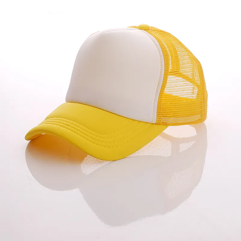 Toptan örgü boş beyaz ve sarı reklam kapaklar köpük kamyon şoförü şapkaları özel Logo ile