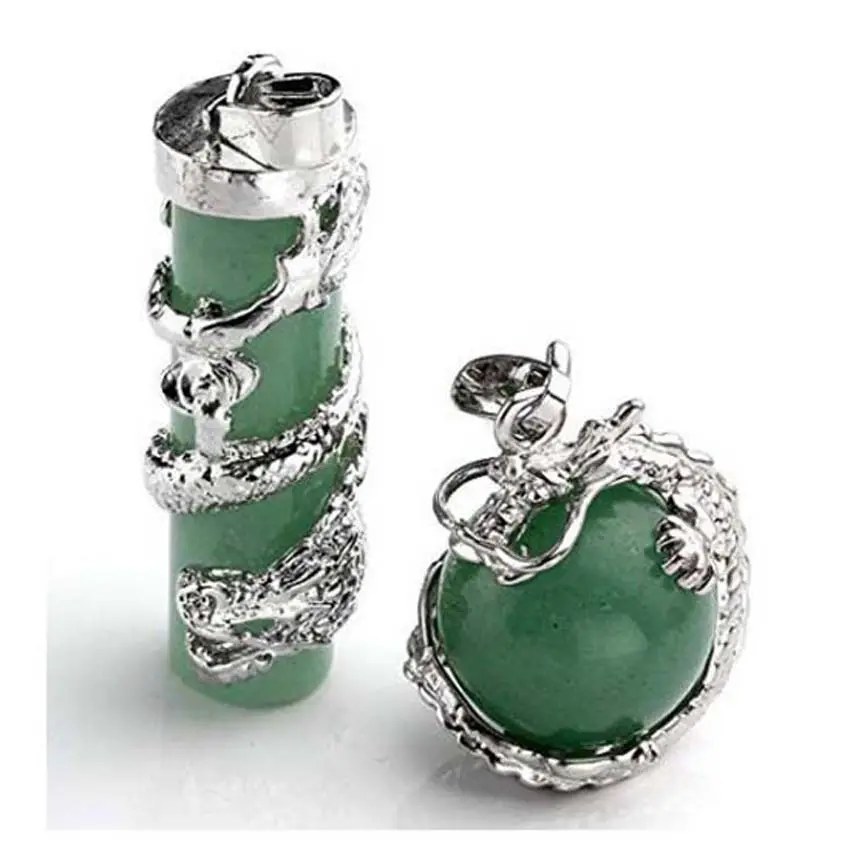 Mode Argent Dragon Enveloppé Boule Ronde + Cylindre Vert aventurine Pierres Précieuses Collier Pendentif Bijoux