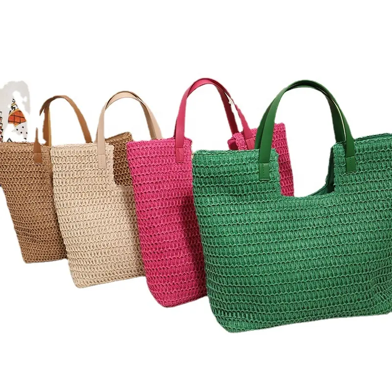 Toptan yeni stil yaz moda bayanlar büyük kapasiteli hasır çanta kadınlar için Trendy el yapımı plaj çantası hasır çanta