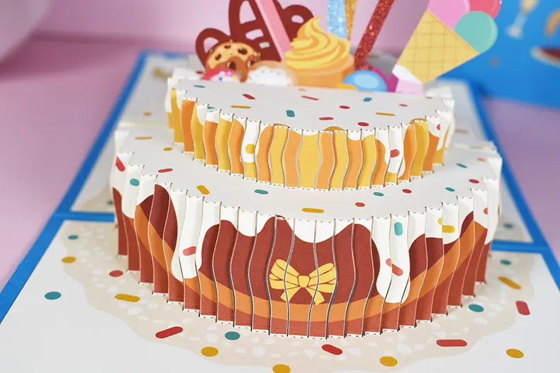 Venta al por mayor atractivo Pop Up 3D tarjetas de feliz cumpleaños Pop-up pastel tarjetas de felicitación con tarjeta de nota
