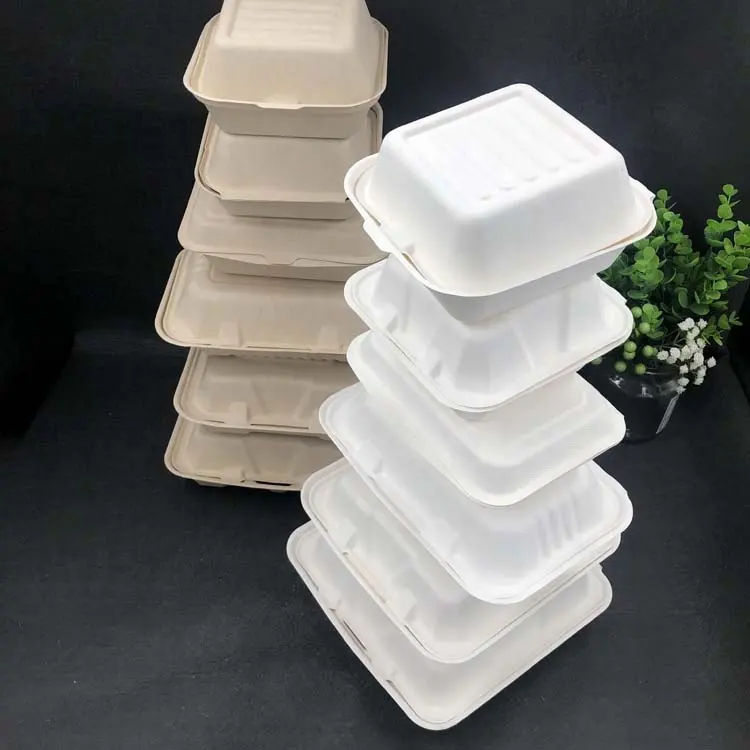 Stoviglie da ristorante usa e getta scatola di carta biodegradabile per andare scatola da pranzo piatto di bambù piatto biodegradabile Bagasse scatola per alimenti quadrato