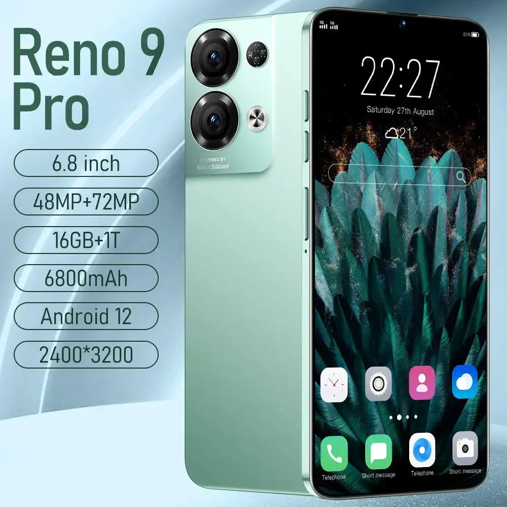 Téléphones Mobiles RENO 9 pro 6.8 HD Écran SmartPhone Original 16G + 1T 5G Dual Sim Celulares Android Débloqué 72MP 6800mAh Téléphone