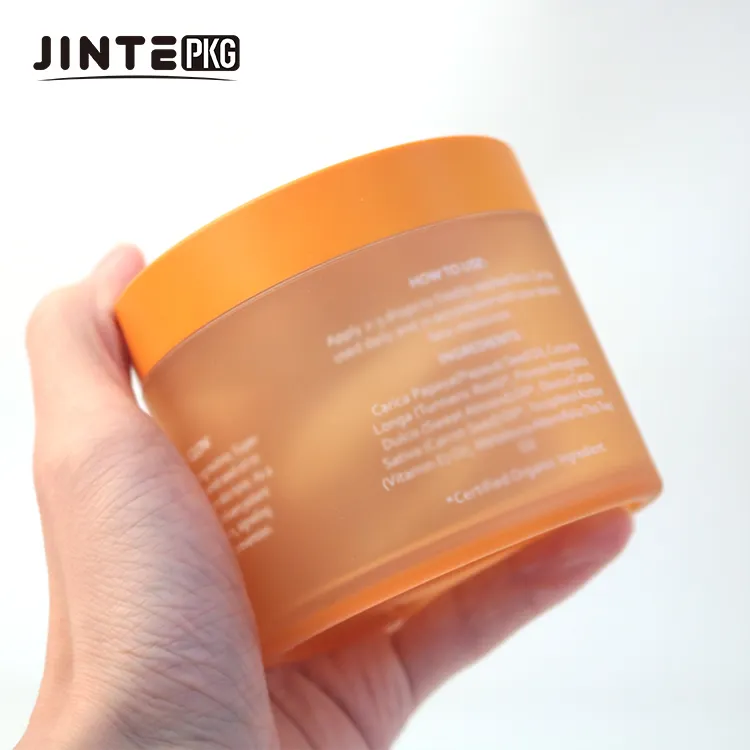Grosir kemasan kosmetik plastik PETG mewah 5oz 6oz 8oz 250ml guci mentega tubuh oranye es dengan tutup Matte untuk Scrub Tubuh
