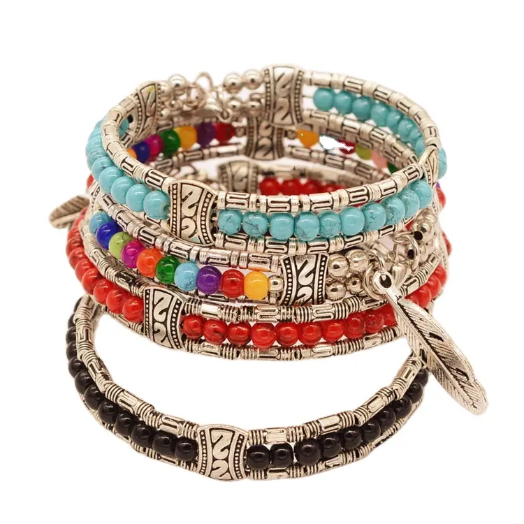 Boho esagerato etnico braccialetto dei monili di modo argento Tibetano del turchese del braccialetto Della Boemia del braccialetto della piuma