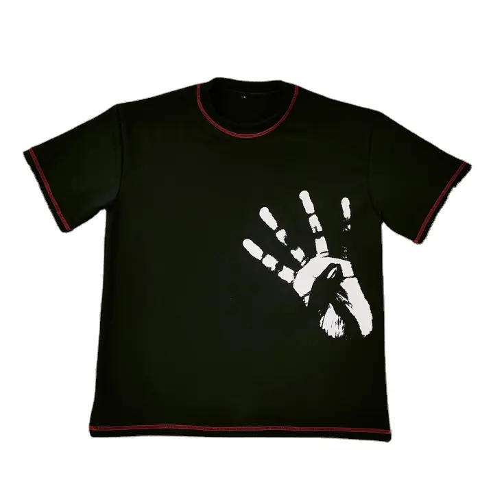 T-Shirt con scollo a contrasto maschile Hip Hop maglietta nera con cuciture rosse 100% cotone da uomo con serigrafia personalizzata da uomo