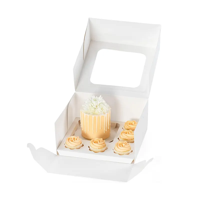 Caixa de embalagem para 5 cupcakes regulares e mini bolo em camadas, atacado de bolos de casamento