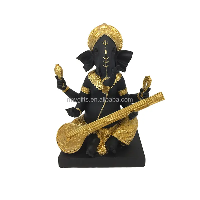 हिंदू धर्म इनडोर होम टेबल सजावट सोना हिंदू भगवान गणेश राल गणेश की मूर्ति संगीत वाद्ययंत्र बजाते हुए