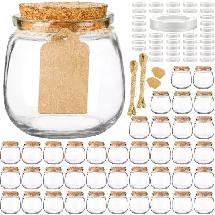 Recipiente de vidro vazio redondo, frascos de vidro vazios para iogurte com tampa de rolha