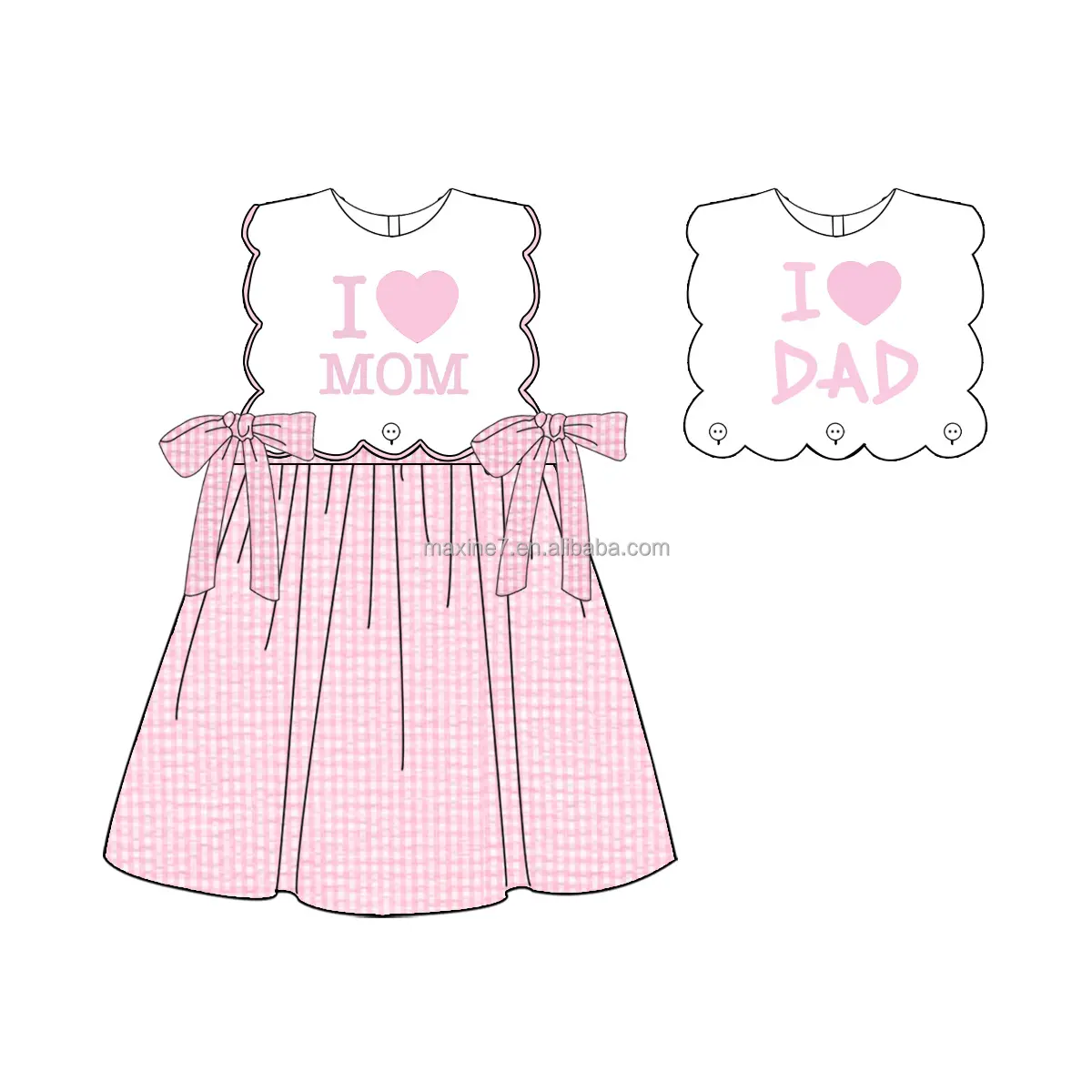 नए आगमन वाले कस्टम बच्चों के कपड़े, मुझे माँ/पिताजी एप्लिक स्कैलप ड्रेस, रिवर्सिबल सीरसुकर टॉडलर गर्ल ड्रेस बहुत पसंद हैं
