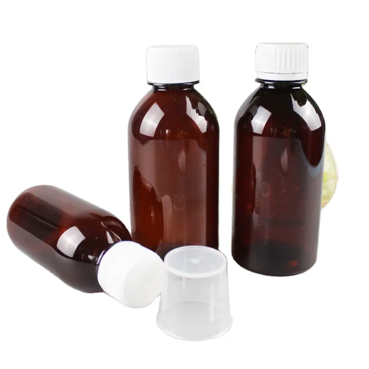 Botella de plástico personalizada para medicina, frasco vacío ámbar para medicina líquida, contenedor para tos, sirope, 50ml, 100ml, 120ml, 150ml, 200ml