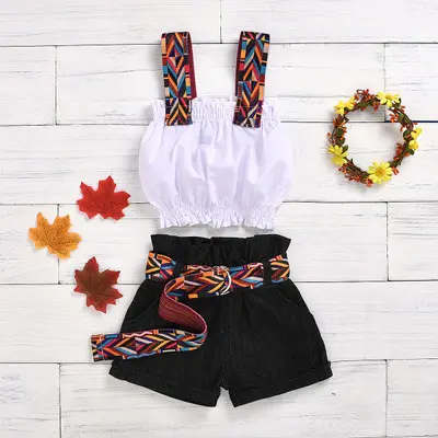 summer 2020Hot baby girls fold cotton shirts ethnic style denim shorts with belt girls outfits kids children clothes suspenders