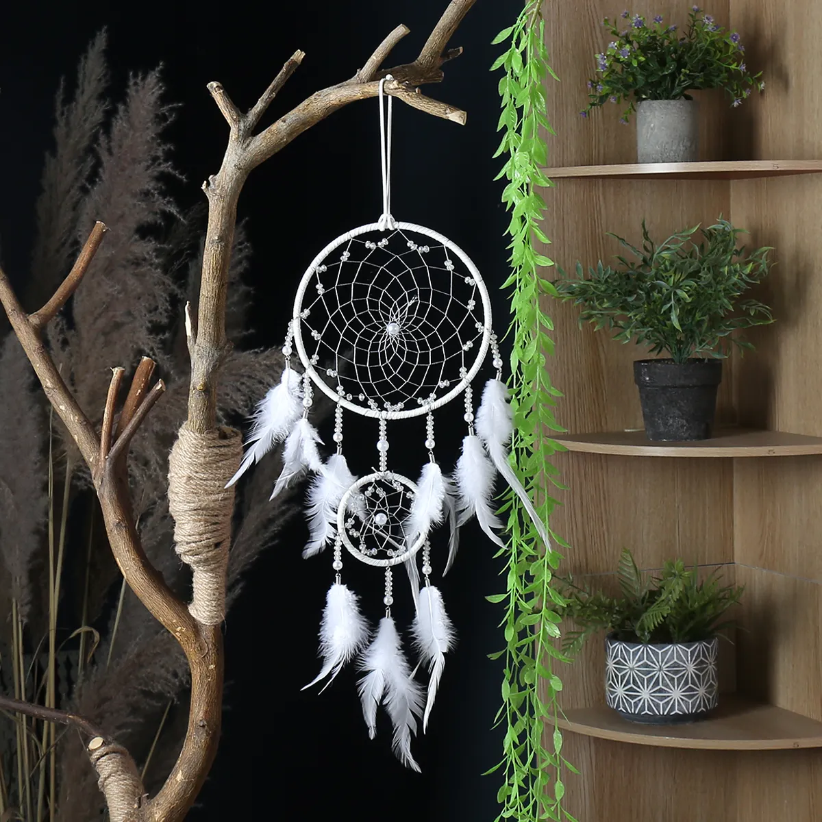 Grosir Dream Catcher Macrame dekorasi rumah seni dinding menggantung buatan tangan dua cincin penangkap mimpi dengan bulu