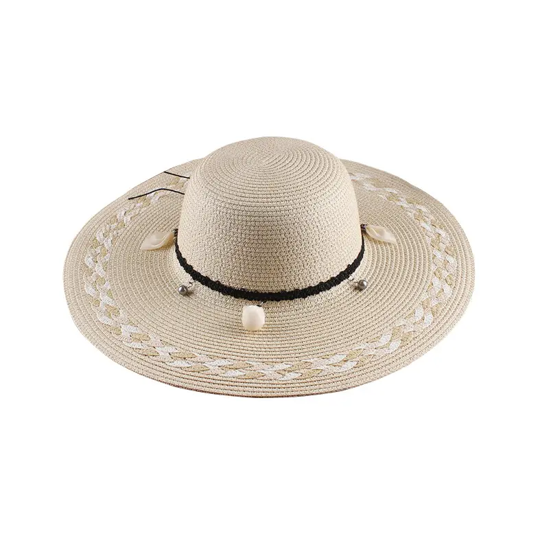 Women Floppy Sun Beach Conch Decorated Summer Paper Character Ribbon Rope Adults Female Plain Straw Hat