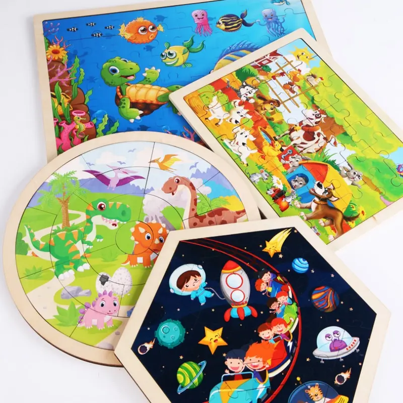 Wholesale of circular hexagonal multi-color 48/100 piece flat puzzle wooden puzzle toys Planar Puzzle Wooden