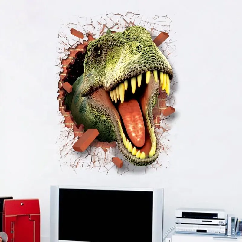 Adesivo de parede de dinossauro quebrado, efeito 3d adesivos de parede criativos para quarto das crianças, meninos, decoração de casa