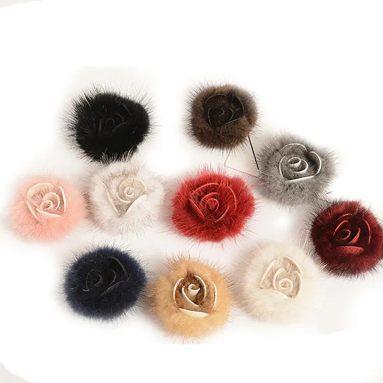 Piel de visón POM Bola de piel ramillete de graduación broche de pelo de visón Rosa flowerGarment broche DIY