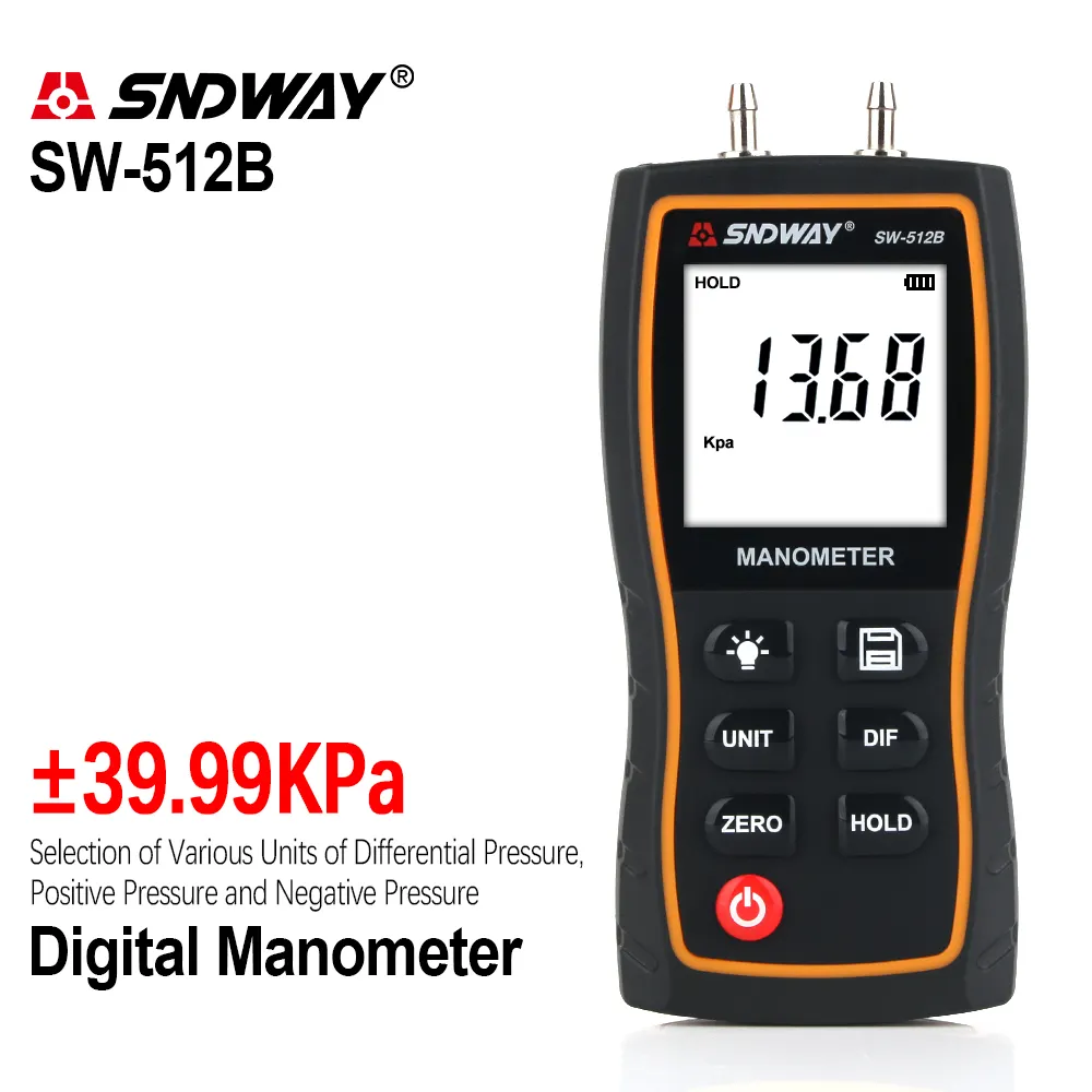 SNDWAY المانومتر مقياس ضغط الهواء عالية الدقة المحمولة الرقمية التفاضلية ضغط الغاز الطبيعي متر قياس SW-512