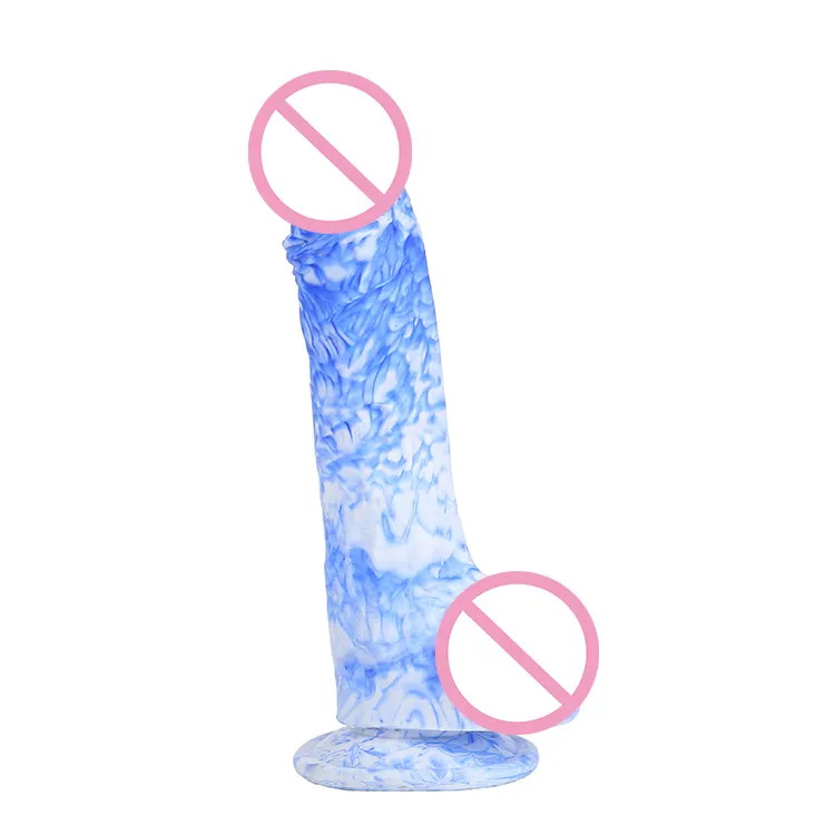 Dildo popular de silicone líquido realista, pênis enorme, azul e branco, com ventosa, flexível, dildos falsos para mulheres