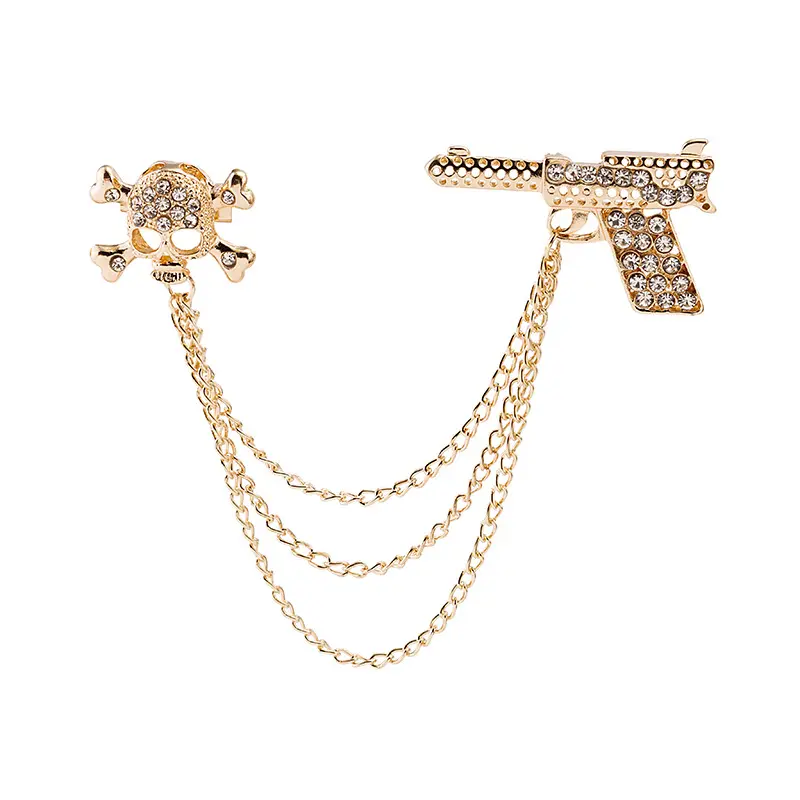 New creative fashion all-match Halloween chain tassel diamond pistol skull brooch for men