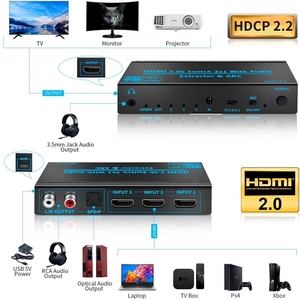 Hdmi 2.0bスイッチ3x1スプリッター3 in 1 4k @ 60hzスイッチャーボックス、アークリモート光toslink spdif同軸アナログrcaステレオオーディオ - Product Image 3