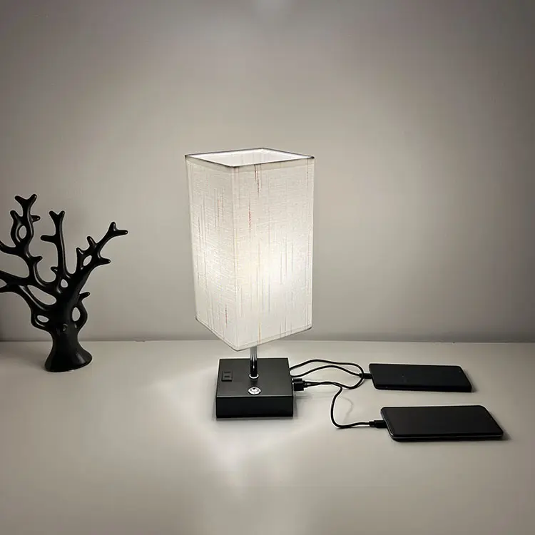 Desk Light Luxury White Cloth square Shade Living Room Bedroom Led Sofa Bedside Study wood Table Lamp