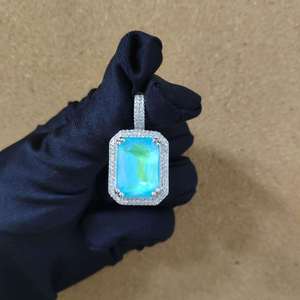 Hip Hop Iced Out สีชมพูสีเขียวสีแดงหยก Mocha เรืองแสงทับทิมสแควร์รูปสี่เหลี่ยมผืนผ้าอัญมณีจี้ CZ Rapper เครื่องประดับ - Product Image 3