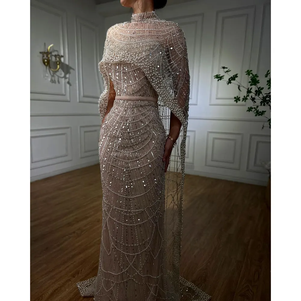 Vestidos de noite elegantes com capa longa de sereia nude Dubai Arábia 2024 sereno Hill LA72032 vestidos de festa de casamento para mulheres