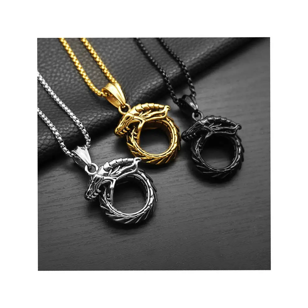 Populaire zodiaque dragon anneau pendentif collier boîte chaîne mode homme simple punk ouroboros anneau titane acier inoxydable collier