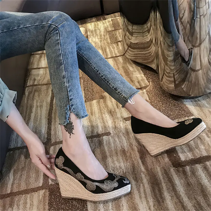 Fisherman Shoe Woman Herbst New Vielseitiger Slope Heel Einzels chuh Lazy One Foot mit High Heel Woven Wedges Espa drilles