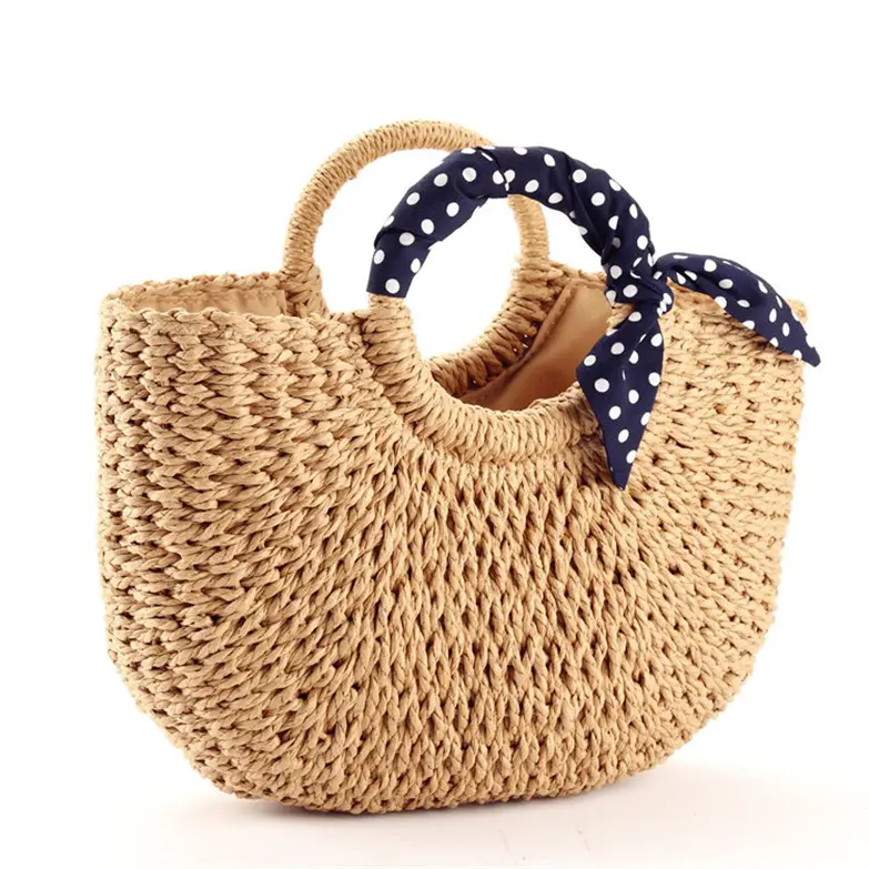 Single Straw Wine Holder Bag Travel Beach Totes Summer Cheap Price Simple Style Paper Rattan Bags Bali Woven Round