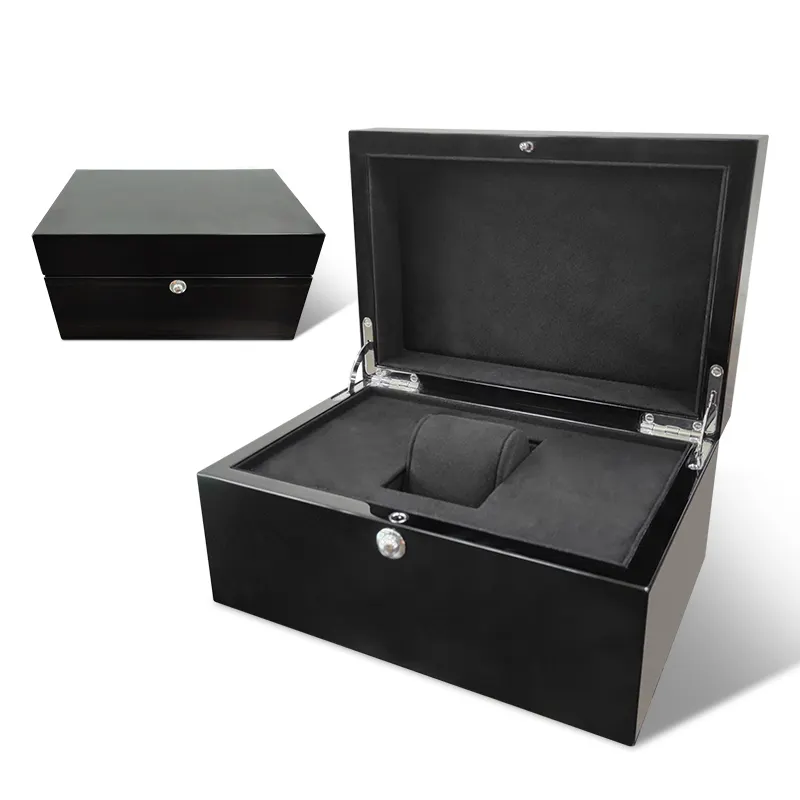 Relógio de luxo de madeira personalizado, relógio organizador de madeira preto champanhe pu brilho, caixa de relógio de madeira com forro de veludo