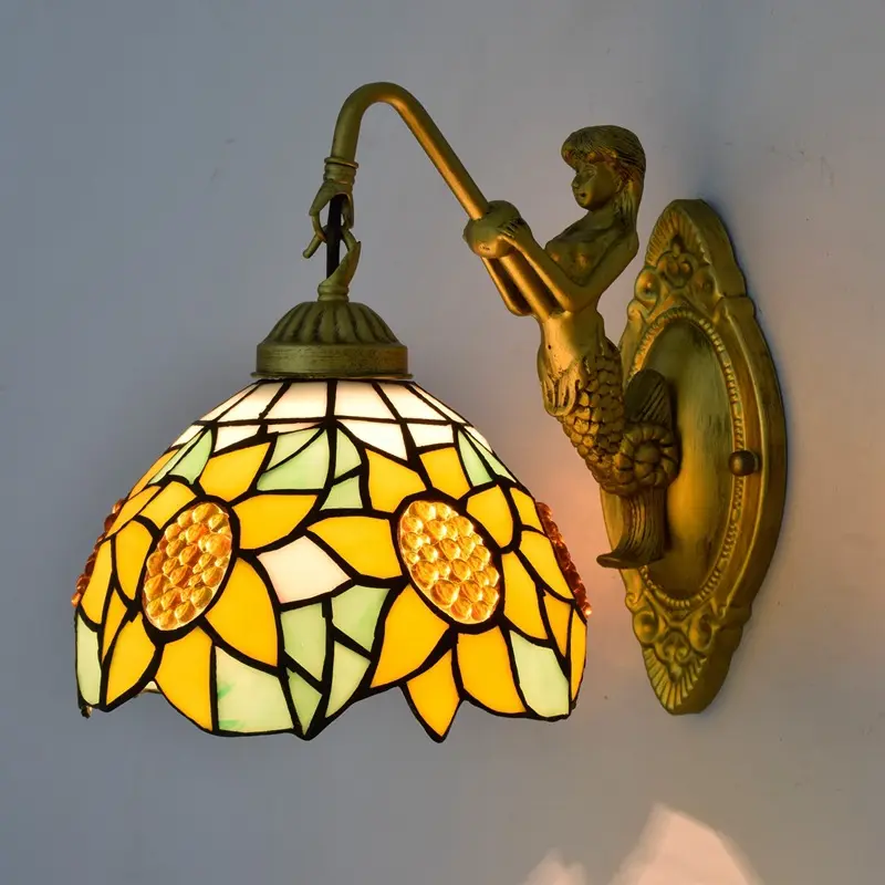 8 pollici stile Tiffany antico barocco muro applique in vetro colorato girasole lampada da parete per camera da letto soggiorno