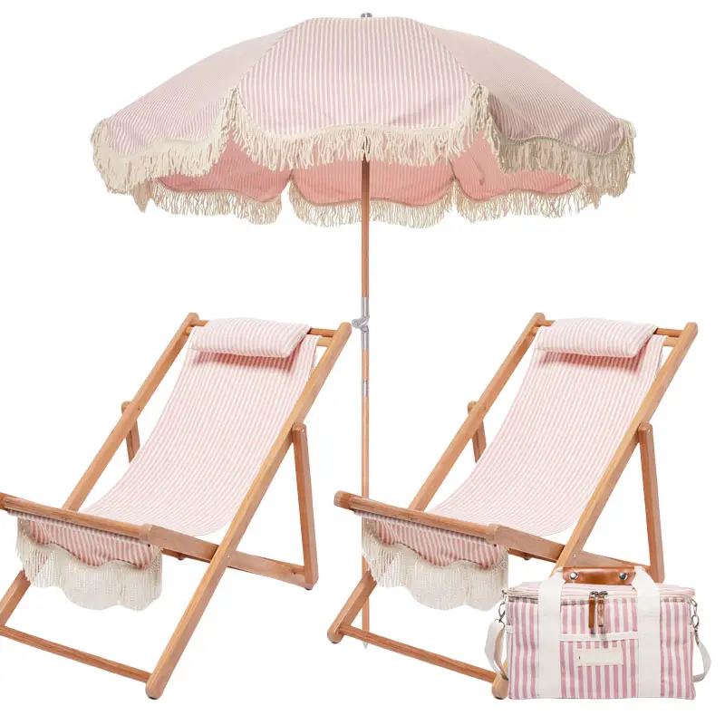 2024 Custom Outdoor Premium Essentials Vintage Fringed Wooden Beach Umbrella Parasols with Chairs  Canvas Terry Bags  Coolers