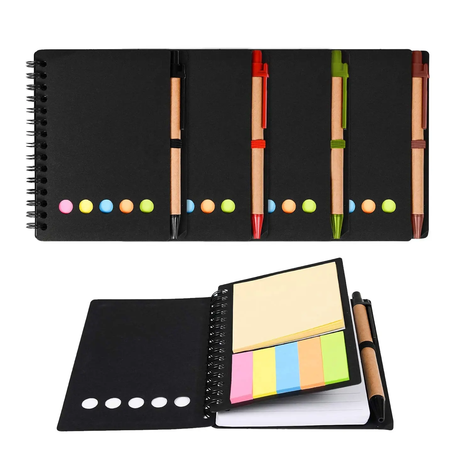 Bloc de notas de papel Kraft personalizado, conjunto de bloc de notas en espiral con soporte para bolígrafo, fabricante de páginas y notas de colores