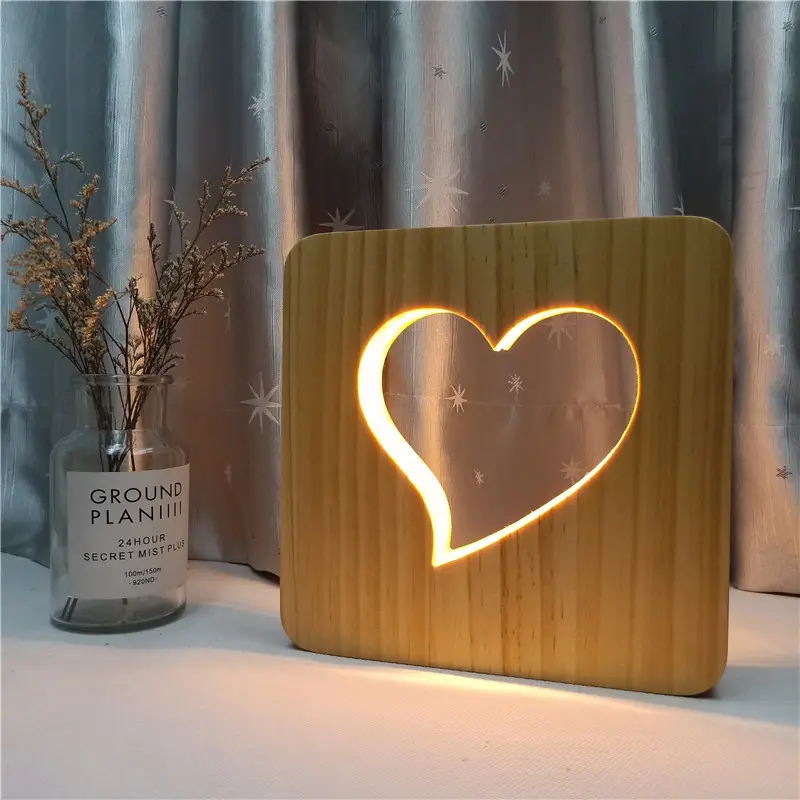 Luz led 3d con forma de corazón tallado en madera maciza, decoración de casa para regalo de cumpleaños