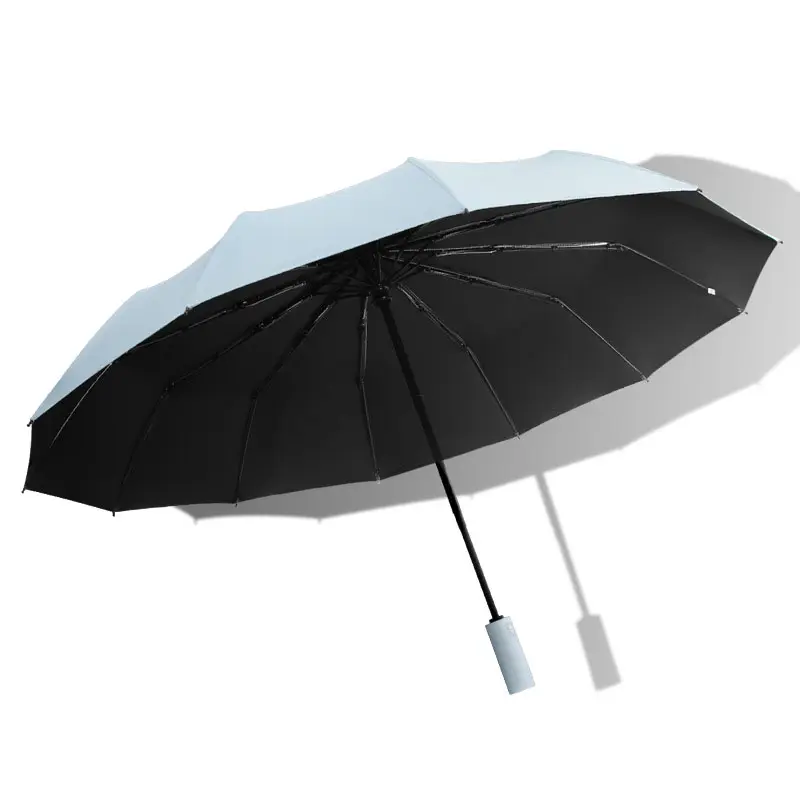 Otomatik güneş yağmurlu şemsiye siyah kaplamalı 3 katlanır güneş koruyucu şemsiye 12K açık şemsiye