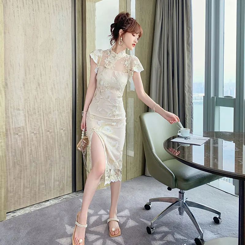 ZYHT 4848 chino Delgado Cheongsam Qipao vestido dorado ceñido al cuerpo vestido Floral impreso elegante señoras Midi vestido
