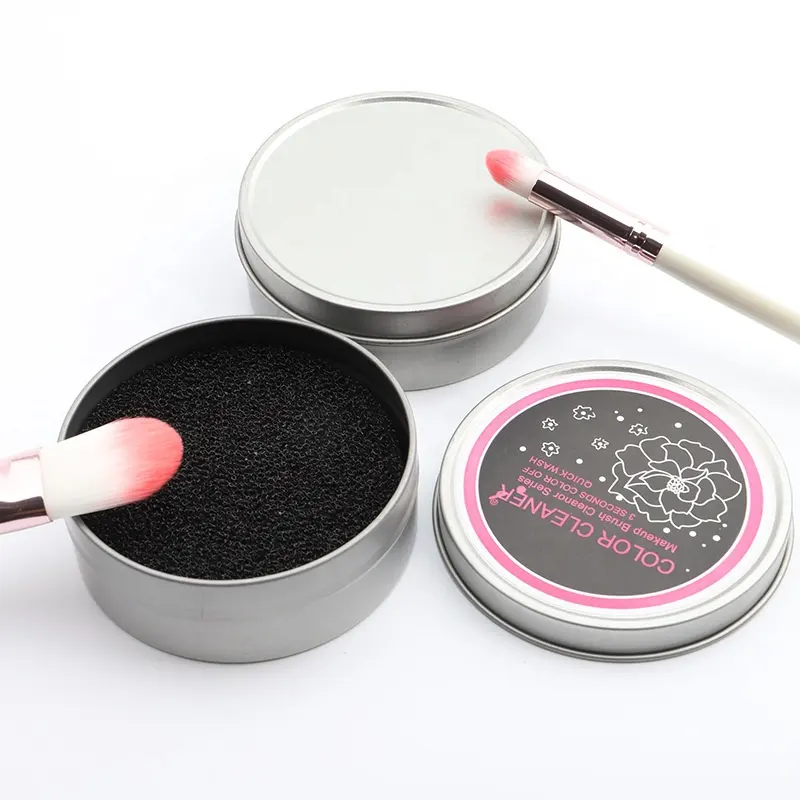 Pembersih Makeup bulat basah & kering portabel spons kustom alat Makeup Logo pembersih kuas Makeup cepat kering dalam kotak timah
