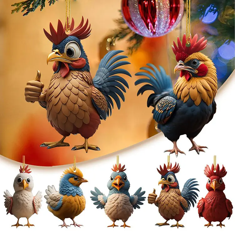 Farm Animal Christmas Decorations Rooster Chicken Gifts acrylic Cartoon Hanging Decorative Rooster Pendant for Christmas Tree