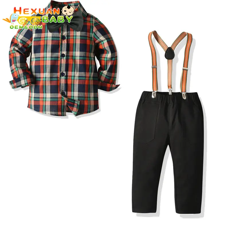 Primavera Del Cotone Signore Del Bambino Dei Ragazzi Copre Gli Insiemi Plaid Maglia A Manica Lunga Camicia del Legame di Biw Pagliaccetti Bretelle Dei Pantaloni